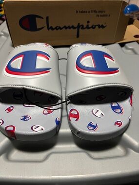 Champion White Slide Sandals with Blue & Red Logo Sz 14